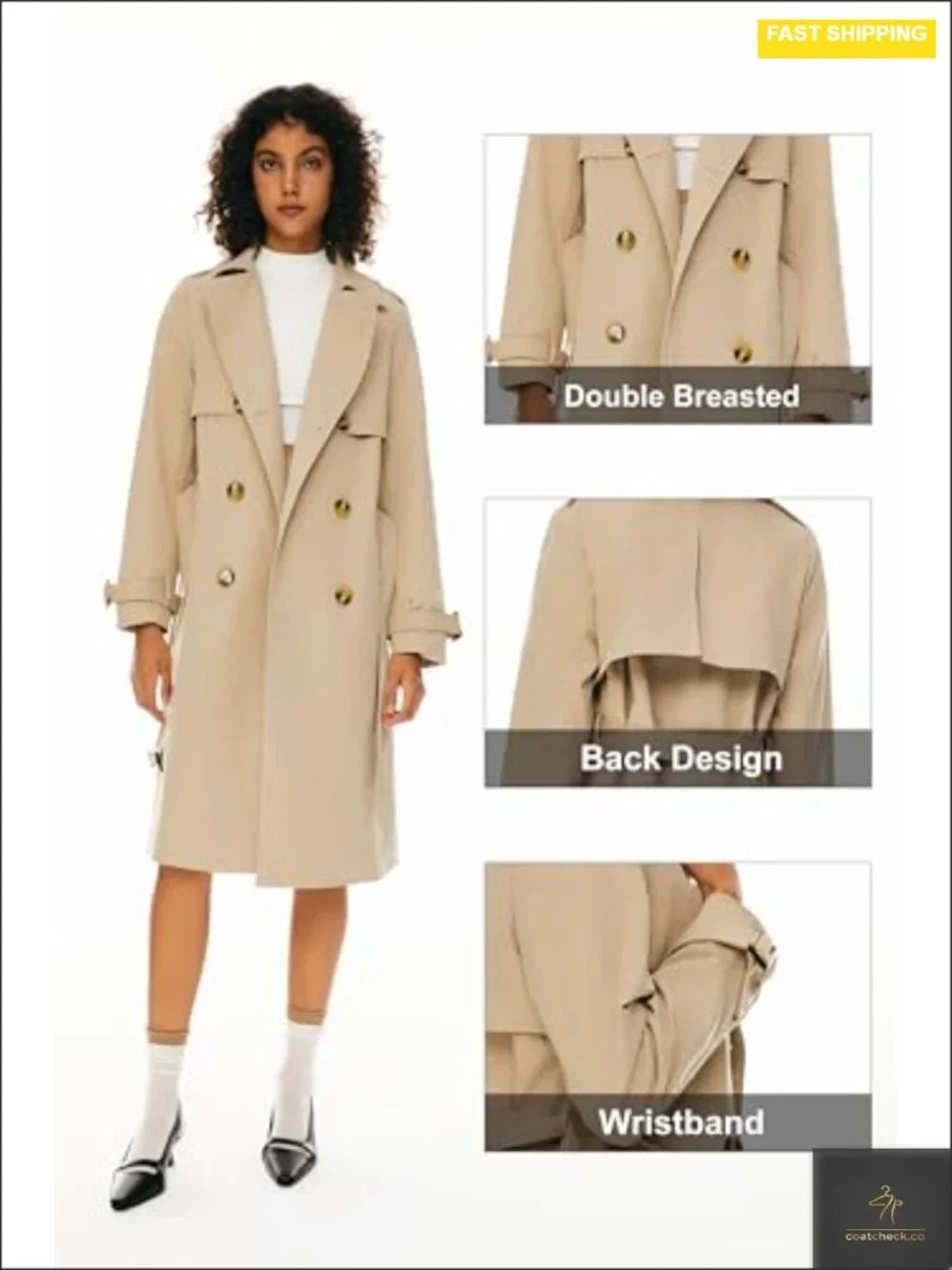 Women's Double Breasted Trench Coat 3/4 Length with Belt 100% Polyester